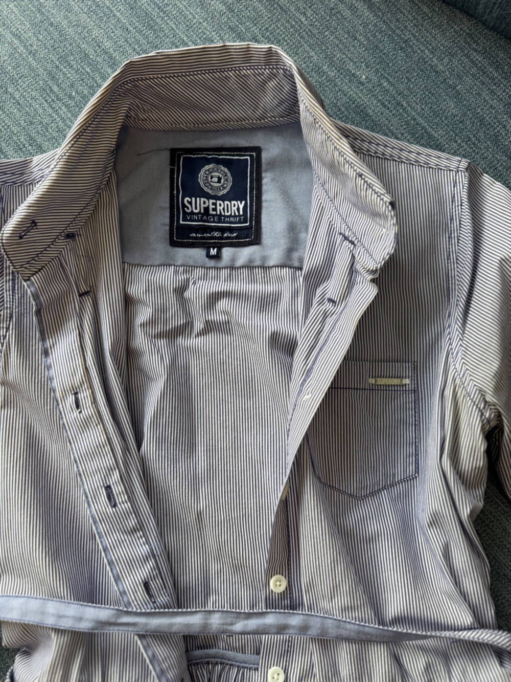 Vintage Superdry Navy and White Pinstripe Shirt Dress